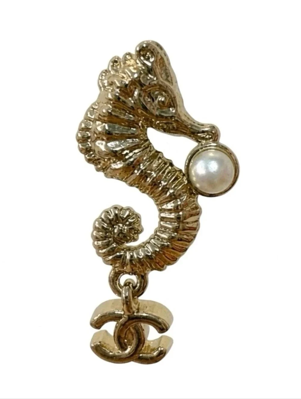 CHANEL Gold Seahorse Pearl Dangle Earrings